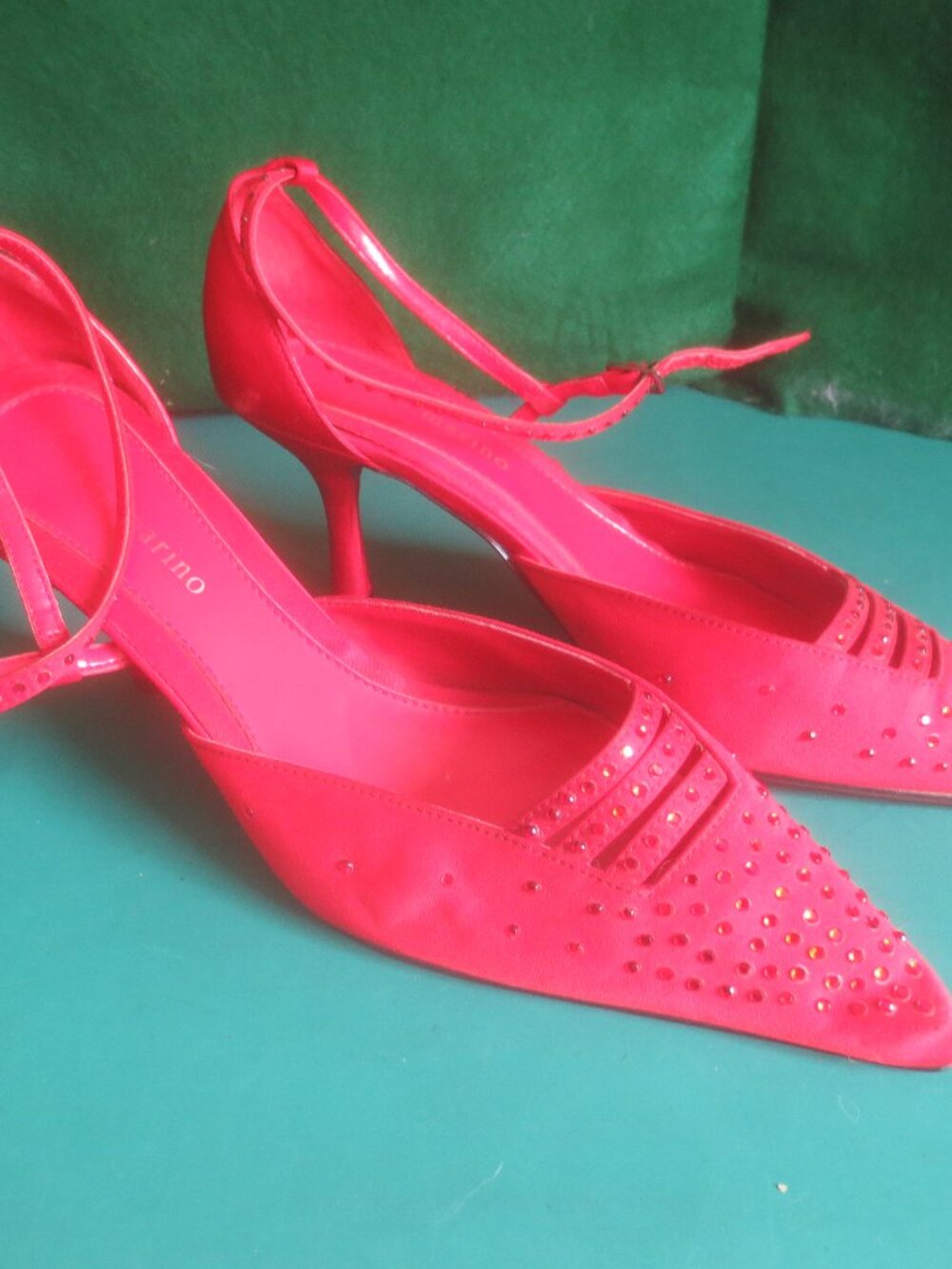 Ann Marino Ruby Red Satin 3" Strap Heels Shoes - Size 7.5 Medium